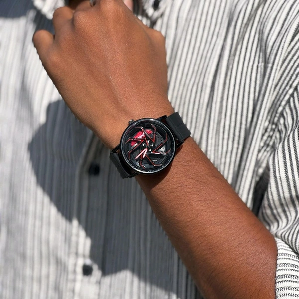 Gyro Spinning Car Alloy Rim Wheel Watch | Car Wheel Watch, Mens Wristwatch with Spinning Car Rim Hub Design, Quartz Movement, Gifts for Car Enthusiasts - Red