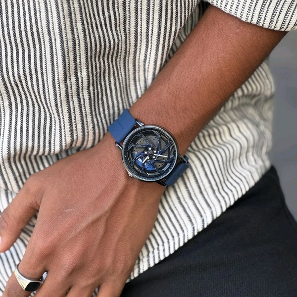 Gyro Spinning Car Alloy Rim Wheel Watch | Car Wheel Watch, Mens Wristwatch with Spinning Car Rim Hub Design, Quartz Movement, Gifts for Car Enthusiasts - Blue