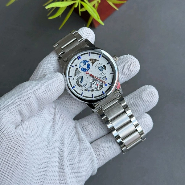 New V9 Automatic Like Open Back Analog Quartz Movement Watch With High Quality Strap Best finishing Body & Case - White