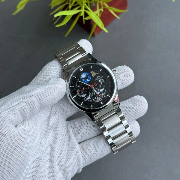 New V9 Automatic Like Open Back Analog Quartz Movement Watch With High Quality Strap Best finishing Body & Case - Black