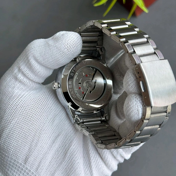 New V9 Automatic Like Open Back Analog Quartz Movement Watch With High Quality Strap Best finishing Body & Case - Black