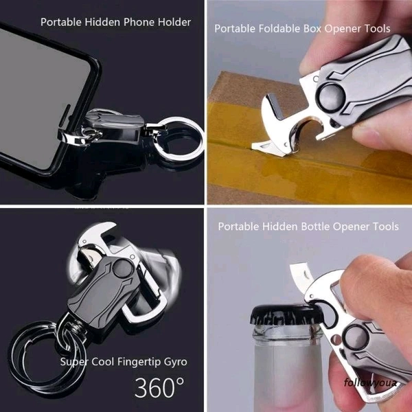 Multifunction 360° Rotate Spinner Keychain 5 in 1 Heavy Duty Dual Ring Metal Keychain with Cutter, Bottle Opener, Mobile Phone Holder Outdoor Carabiner Portable Car Key Chain.