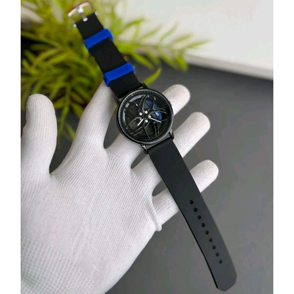 Gyro Spinning Car Alloy Rim Wheel Watch | Car Wheel Watch, Mens Wristwatch with Spinning Car Rim Hub Design, Quartz Movement, Gifts for Car Enthusiasts - Blue