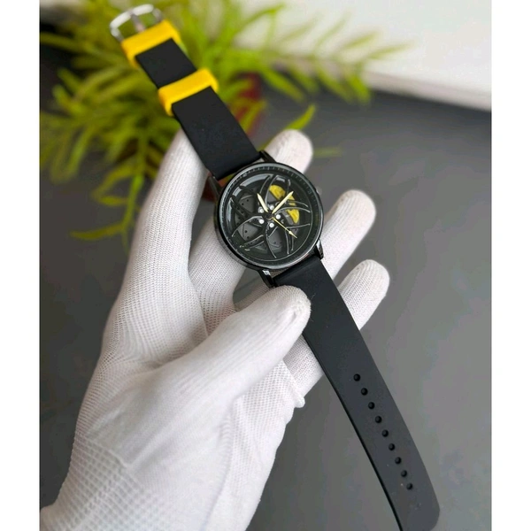 Gyro Spinning Car Alloy Rim Wheel Watch | Car Wheel Watch, Mens Wristwatch with Spinning Car Rim Hub Design, Quartz Movement, Gifts for Car Enthusiasts - Yellow