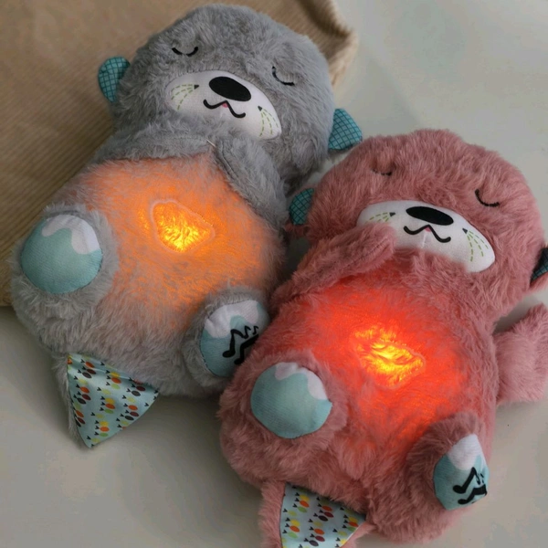 Portable Breathing Teddy Bear Soft Toy Plush Sound Machine, Baby Gift with Music, Lights & Breathing Motion Infant Toys for Newborns, Soft Breathing Stitch Teddy - Gray