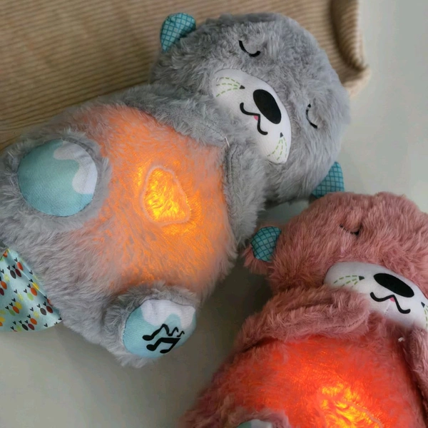 Portable Breathing Teddy Bear Soft Toy Plush Sound Machine, Baby Gift with Music, Lights & Breathing Motion Infant Toys for Newborns, Soft Breathing Stitch Teddy - Gray