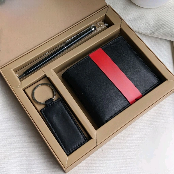New Gift Set with Leather Wallet, Keychain, and Pen, Elegant Packaging, Ideal for Men, Perfect for Corporate Gifting, Travel, and Daily Use