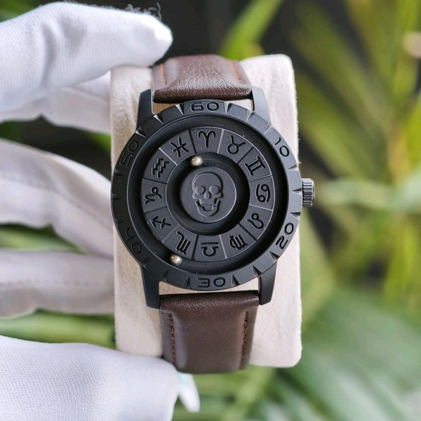 Exclusive Zodiac-Inspired Skeleton Dial Watch – Premium Vintage Leather Strap, Rotating Time Display & Bold Luxury Design - Brown