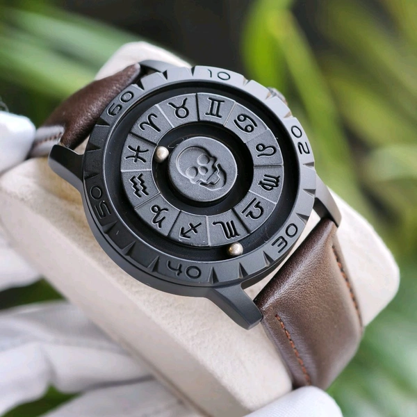 Exclusive Zodiac-Inspired Skeleton Dial Watch – Premium Vintage Leather Strap, Rotating Time Display & Bold Luxury Design - Brown