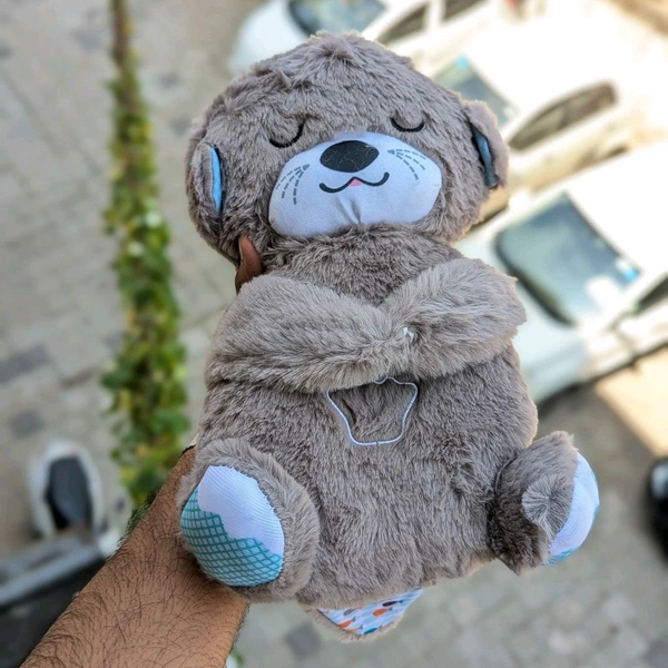 Portable Breathing Teddy Bear Soft Toy Plush Sound Machine, Baby Gift with Music, Lights & Breathing Motion Infant Toys for Newborns, Soft Breathing Stitch Teddy - Gray
