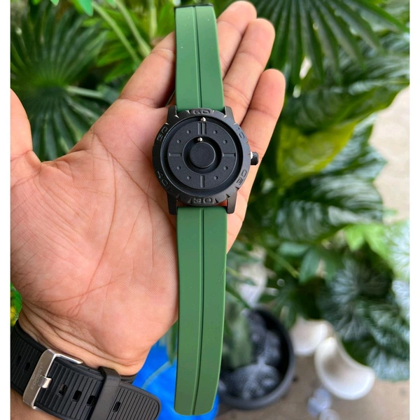 Minimalist Magnetic Ball Watch – Modern Design Watch, Rubber Strap, Round Dial, Battery Powered - Green