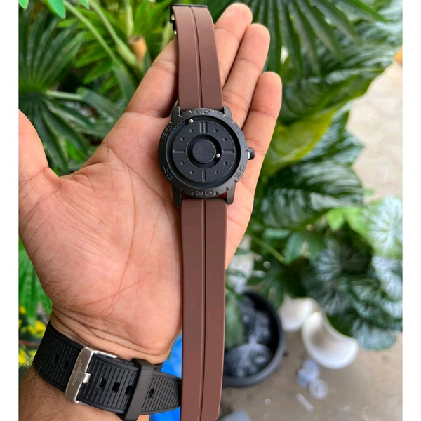Minimalist Magnetic Ball Watch – Modern Design Watch, Rubber Strap, Round Dial, Battery Powered - Brown