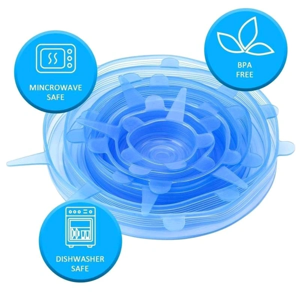 Silicone Stretch Lids Flexible Covers for Utensils, Bowls, Plates Jars, Cans, Mugs, Dishwasher, Freezer Safe, Food Safety Reusable Lids 6 pcs Multi Size