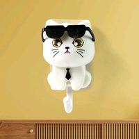 Cat Hook for Wall, Cute Cat Key Hook with Sunglasses, Self-Adhesive Coat Hook, keyholder - Pet Wall Hook for Wall, Decorative for Coat Bag