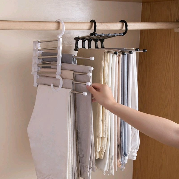 Household Plastic & Stainless Steel 5 In 1 Multi-Layered Mass Pant Hangers, Folding Storage Pant Rack Shelves
 - Pack Of 4