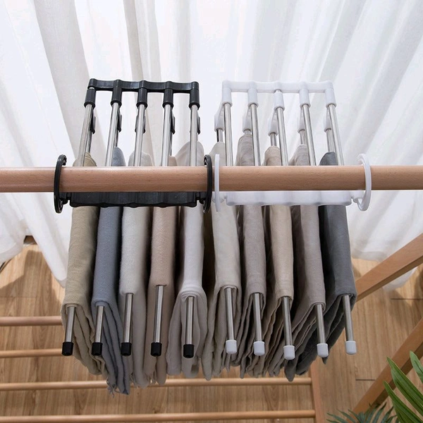 Household Plastic & Stainless Steel 5 In 1 Multi-Layered Mass Pant Hangers, Folding Storage Pant Rack Shelves
 - Pack Of 4
