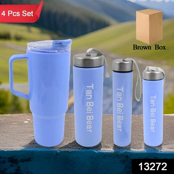 Plastic Water Bottle 3 Different Size Bottle & 1 pc Tumbler With Straw High Quality Water Bottle Plastic Water Bottle BPA-Free & Leak-Proof Cute Design for Kids' School, For Fridge, Office, Sports, School, Gym, Yoga (4 Pc Set)