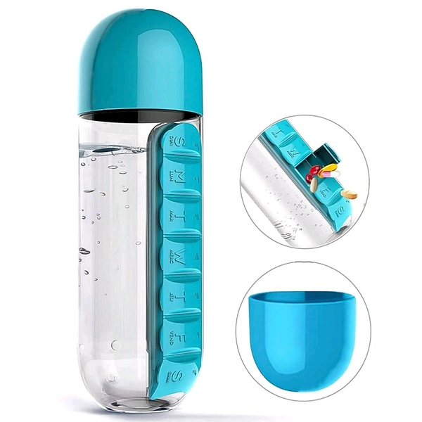 Water Bottle Portable Pill Insertion Organizer Water Bottle With Built-In Daily Vitamin Holder Supplement Organizer Case (Multicolored), 600 ML