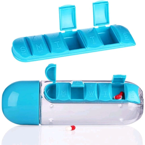 Water Bottle Portable Pill Insertion Organizer Water Bottle With Built-In Daily Vitamin Holder Supplement Organizer Case (Multicolored), 600 ML