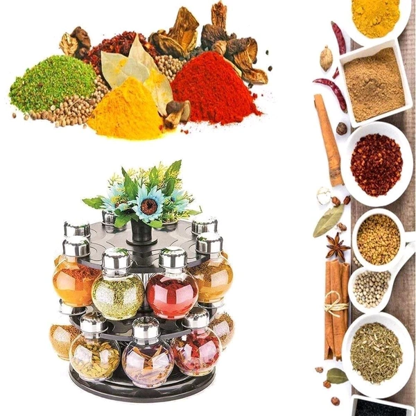 Multipurpose Revolving Plastic Spice Rack Set (16pcs) – Transparent Jars for Easy Spice Access