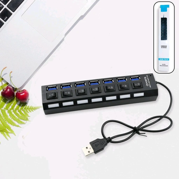 USB Splitter Multi Port USB 2.0 Hub, 7 Port with Independent On/Off Switch and LED Indicators USB A Port Data Hub, Suitable for PC Computer Keyboard Laptop Mobile HDD, Flash Drive Etc
