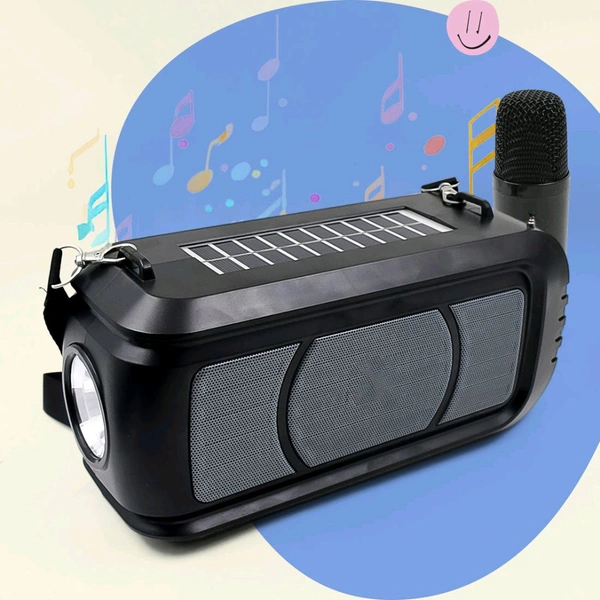Wireless Bluetooth Speaker 5W High Bass with Wireless Mic / Microphone, LED Torch, Solar Charging, Support USB, TF Card & Adjustable Strap Line in Connectivity Instant Pairing, Portable Speaker for Travel (1 Set)
