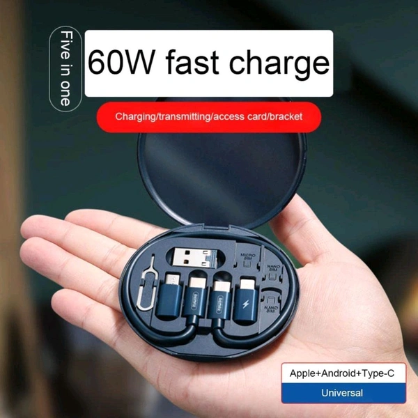 Mini Multi-Functional Fast Charging Data Cable Set for Apple, Android, Type C Charging with Retrieve Card Pin, Round Storage Box, Compact and Portable, USB Data Cable Storage Box Travel Cable Set (5in1)
