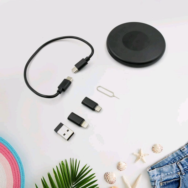 Mini Multi-Functional Fast Charging Data Cable Set for Apple, Android, Type C Charging with Retrieve Card Pin, Round Storage Box, Compact and Portable, USB Data Cable Storage Box Travel Cable Set (5in1)

