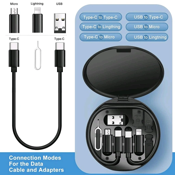 Mini Multi-Functional Fast Charging Data Cable Set for Apple, Android, Type C Charging with Retrieve Card Pin, Round Storage Box, Compact and Portable, USB Data Cable Storage Box Travel Cable Set (5in1)
