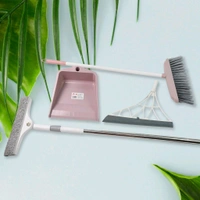 Heavy Duty Dustpan, Plastic Kitchen Wiper, 2 in 1 Adjustable Window Cleaning Squeegee Tool and Long Handle Broom Brush Combo (4 Pcs Combo)