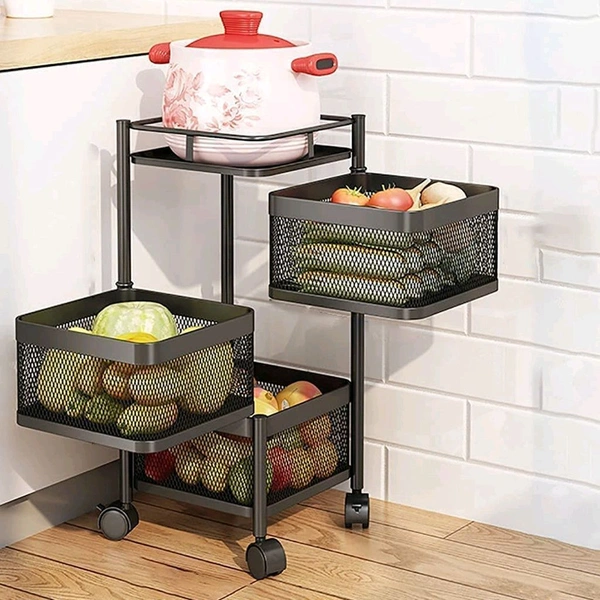 3-Layer Heavy-Duty Metal Kitchen Trolley with Wheels – Square Design Organizer Rack for Fruits, Vegetables & Kitchen Essentials