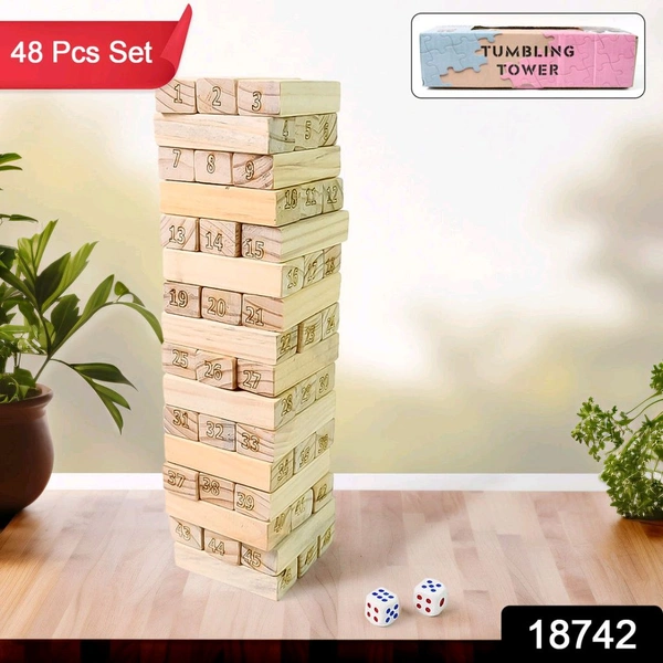 Large Tumbling Timber Toy for Adults Tumble Tower Blocks Wood Stacking Game for Boys Girls Kids Family, Life Size Yard Tower Game, Wooden Tumbling Stacking Tower Game, Zenga tower (48 Pcs Blocks 2 Dices)