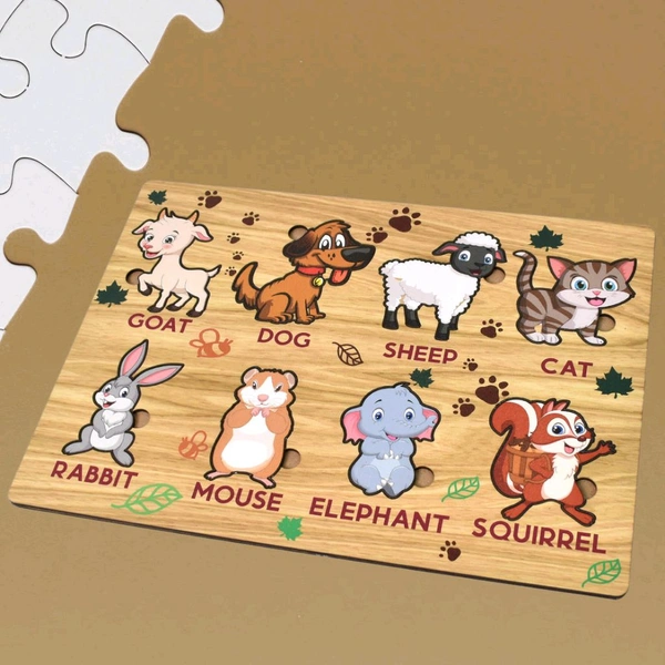 Wooden Puzzle Learning Educational Board of Animal | Different Animal Shape Puzzle Boards and Gift for Toddlers & Kids Puzzle for Early Childhood Development (1 Set / 28×20 Cm)
