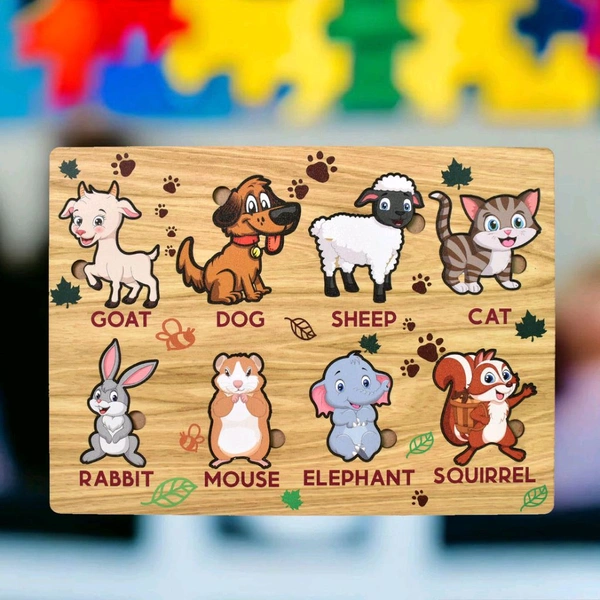 Wooden Puzzle Learning Educational Board of Animal | Different Animal Shape Puzzle Boards and Gift for Toddlers & Kids Puzzle for Early Childhood Development (1 Set / 28×20 Cm)