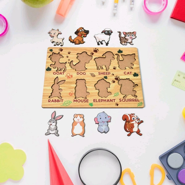 Wooden Puzzle Learning Educational Board of Animal | Different Animal Shape Puzzle Boards and Gift for Toddlers & Kids Puzzle for Early Childhood Development (1 Set / 28×20 Cm)
