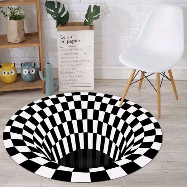 3D Space Round Carpet, Checkered Vortex Optical Illusions Non Slip Area Rug -Slip Floor Mat Non-Woven Doormat, for Living Dinning Room Bedroom Kitchen, 3D Vortex Rug Visual Illusion Rug Anti-Skid Area Dining Room Mat