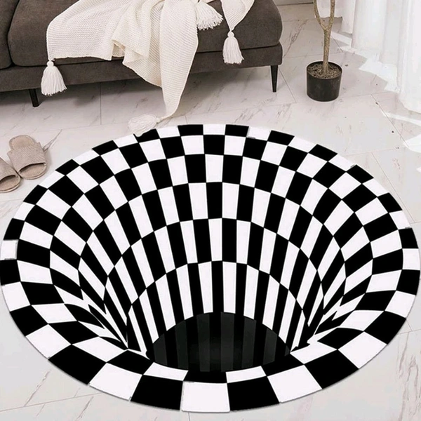 3D Space Round Carpet, Checkered Vortex Optical Illusions Non Slip Area Rug -Slip Floor Mat Non-Woven Doormat, for Living Dinning Room Bedroom Kitchen, 3D Vortex Rug Visual Illusion Rug Anti-Skid Area Dining Room Mat