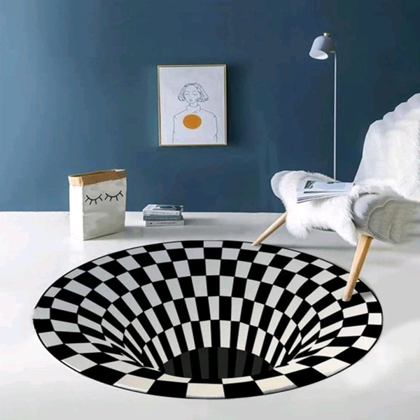 3D Space Round Carpet, Checkered Vortex Optical Illusions Non Slip Area Rug -Slip Floor Mat Non-Woven Doormat, for Living Dinning Room Bedroom Kitchen, 3D Vortex Rug Visual Illusion Rug Anti-Skid Area Dining Room Mat