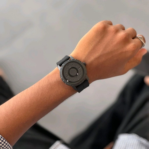 Minimalist Magnetic Ball Watch – Modern Design Watch, Rubber Strap, Round Dial, Battery Powered 
 - Black