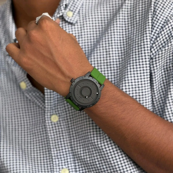 Minimalist Magnetic Ball Watch – Modern Design Watch, Rubber Strap, Round Dial, Battery Powered 
 - Green