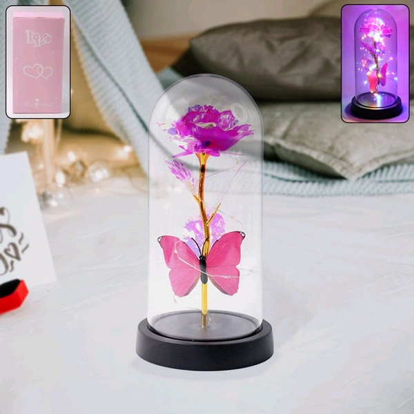 LED Decorative Rose with Butterfly in Transparent Plastic Dome – Battery-Operated Romantic Light Display with Warm Fairy Lights – Gift for Valentine's Day, Anniversary, Birthday & Home Decor