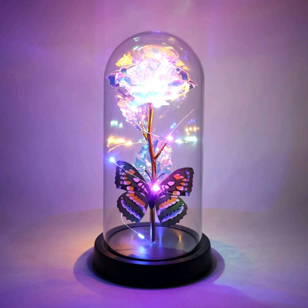LED Light-Up Eternal Rose with Butterfly in Transparent Dome – Romantic Decorative Glass Dome Flower with Fairy Lights – Ideal Gift for Valentine’s Day, Anniversaries & Home Décor 3 AAA Battery Operated