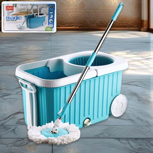 Apex Magic 360° Spin Mop Cleaning System with Stainless Steel Spinner, Heavy-Duty Wheels, Drain Spout, Telescopic Handle & Twin Mop Heads – Premium Bucket Mop Set for Effortless Home and Floor Cleaning
