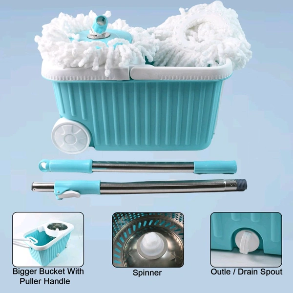 Apex Magic 360° Spin Mop Cleaning System with Stainless Steel Spinner, Heavy-Duty Wheels, Drain Spout, Telescopic Handle & Twin Mop Heads – Premium Bucket Mop Set for Effortless Home and Floor Cleaning
