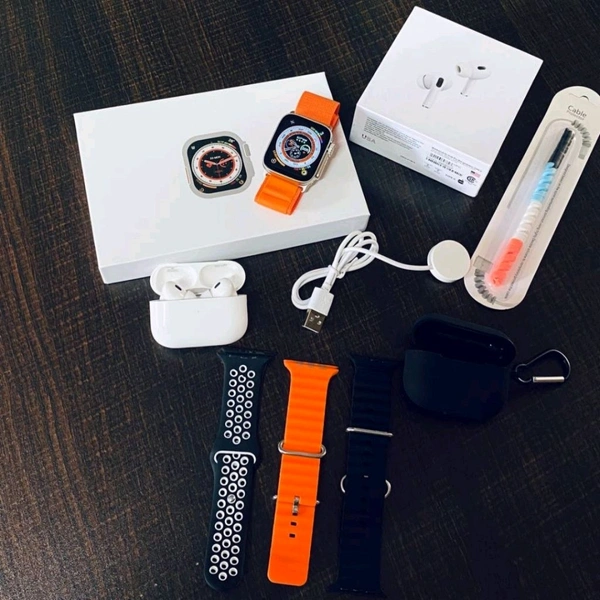 Trending Combo Offer | Series Smartwatch, Wireless Buds, 4 Straps, Cable Protector, Silicone Buds Case