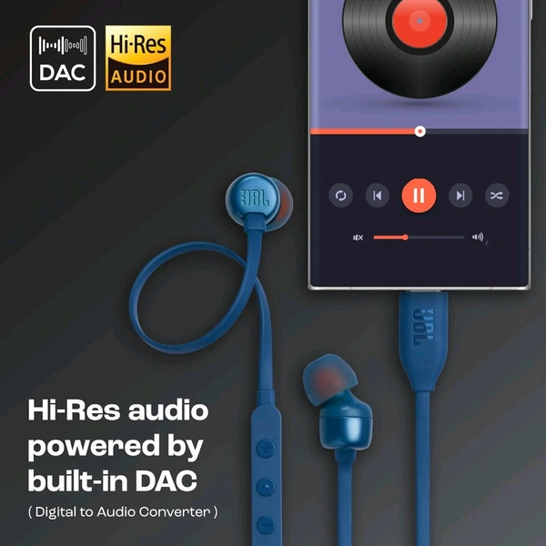 (Original) JBL Tune 310 Wired in-Ear Type C Headphones, Hi-Res Audio with Digital-to-Analog Converter, 3-Button EQ Preset Remote with Microphone, Tangle-Free Flat Cable, Compatible with USB-C Devices (Blue) - JBL Brand Warranty