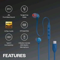 (Original) JBL Tune 310 Wired in-Ear Type C Headphones, Hi-Res Audio with Digital-to-Analog Converter, 3-Button EQ Preset Remote with Microphone, Tangle-Free Flat Cable, Compatible with USB-C Devices (Blue) - JBL Brand Warranty
