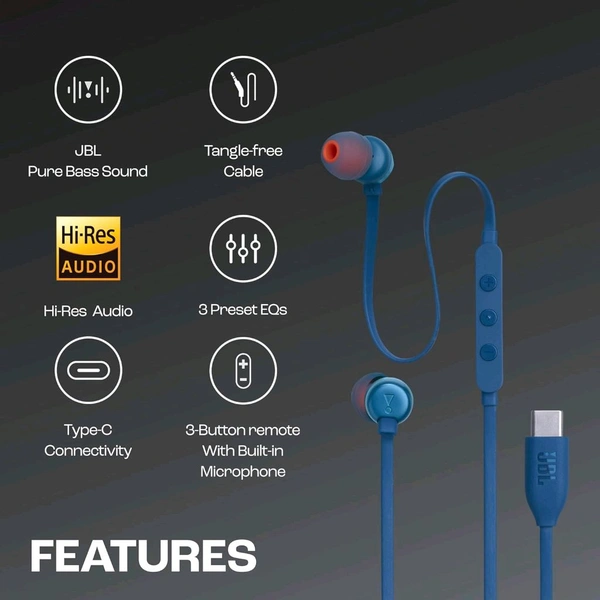 (Original) JBL Tune 310 Wired in-Ear Type C Headphones, Hi-Res Audio with Digital-to-Analog Converter, 3-Button EQ Preset Remote with Microphone, Tangle-Free Flat Cable, Compatible with USB-C Devices (Blue) - JBL Brand Warranty
