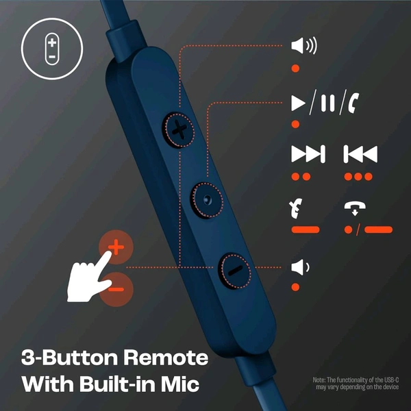 (Original) JBL Tune 310 Wired in-Ear Type C Headphones, Hi-Res Audio with Digital-to-Analog Converter, 3-Button EQ Preset Remote with Microphone, Tangle-Free Flat Cable, Compatible with USB-C Devices (Blue) - JBL Brand Warranty