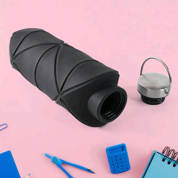 Collapsible Silicone Water Bottle with Stainless Steel Lid – Leakproof, Foldable, Portable Travel Bottle for Gym, Office, Hiking & Outdoor Use 